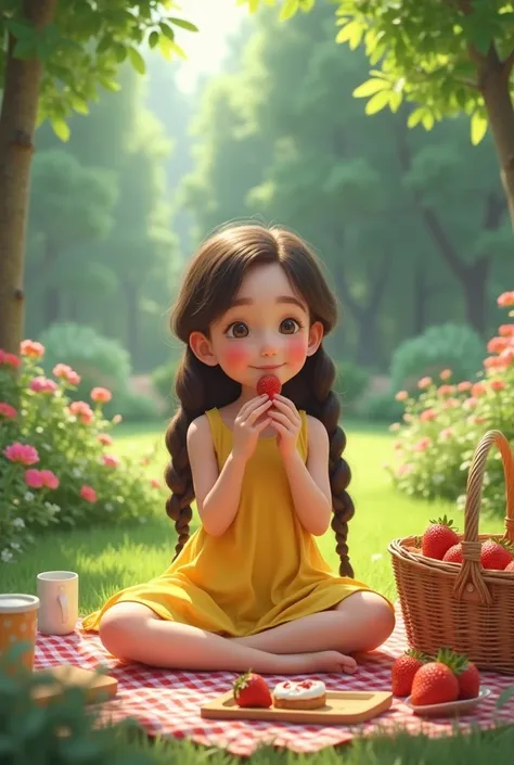 A girl with braids and a yellow dress, sitting at a picnic in a garden, and eating strawberry
