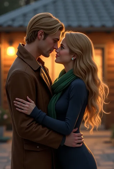 Realistic digital art. The man is blond, medium hair, hair parted in the middle and swept back.  and green eyes, he wears a brown coat sweatshirt.  He looks like Nick Carter.
she has long blonde hair, brown eyes. she wears a navy blue long sleeve dress and...