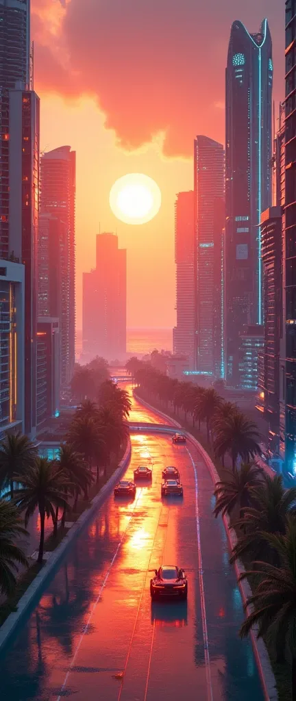 miami beach, 2100, sunset, godrays, futuristic.