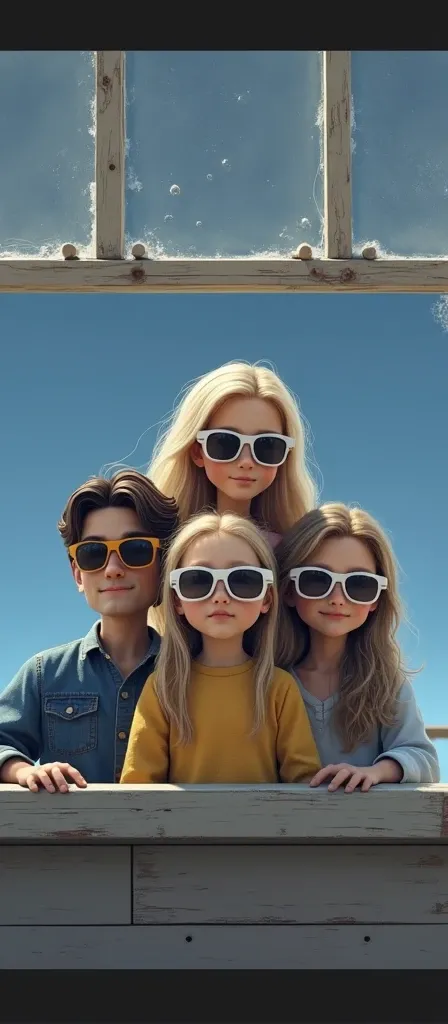 Photorealistic 8k ultrarealistic daughter (8 years) blonde wearing white sunglasses with her father dark brown hair and brown eyes ( 30 years) woman wearing sunglasses (30 years) blonde long hair with sunglasses 