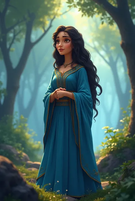 a Canaanite woman dressed in a blue dress of her time speaking in the middle of a cloudy forest Make it like an animation


