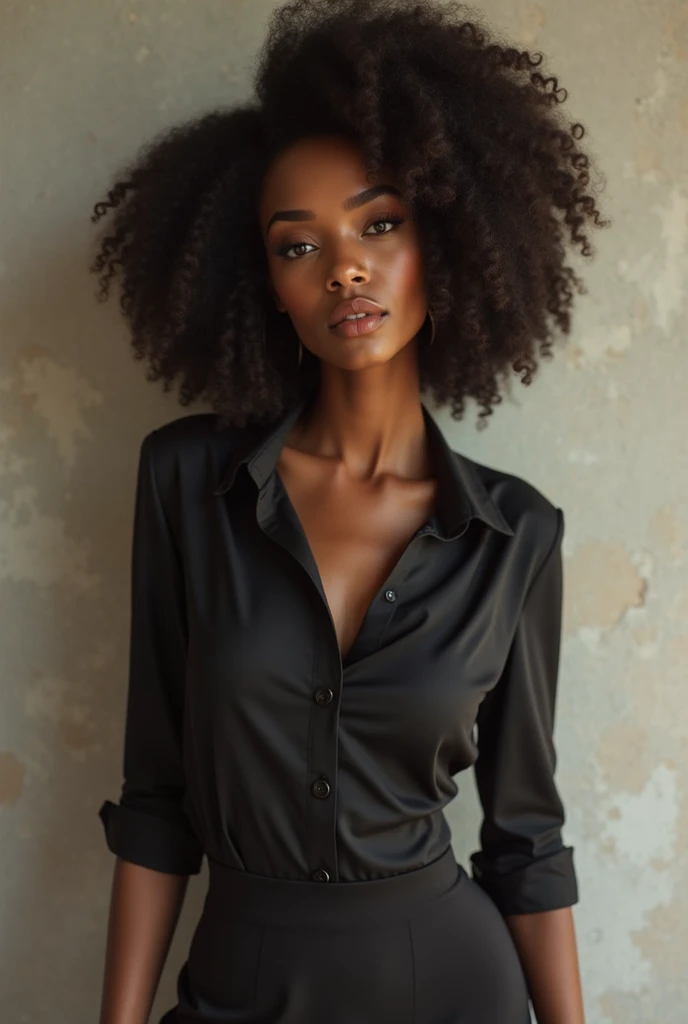 Image of a beautiful black African and mixed race woman, tall, dark brown eyes, generous and attractive curves, beautiful plump breasts, dressed in a stylish way 