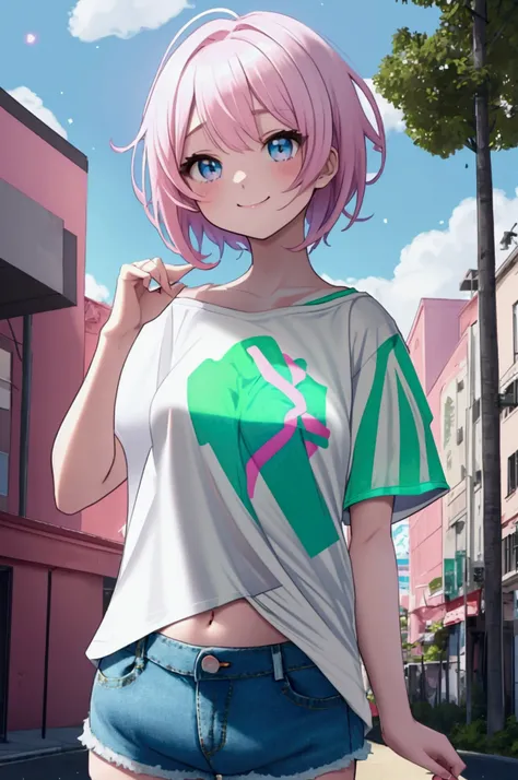 (8k、Best image quality、highest quality、masterpiece)、Detailed face、 1teen_girl、pink Hair、Long Hair、green_eyes、smile,(navel_peek)、(large_breasts),(White_short_T-shirt:1.5)、Off the shoulder、Black shoulder straps、(open_front_shorts,denim_short_shorts:1.2)、City...