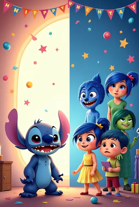 I want to create a birthday invitation. The  will have 2 different themes, por isso, I need to split the image. on one side, I want the character Stitch alone. on the other side, I want the emotions from the cartoon Inside Out.