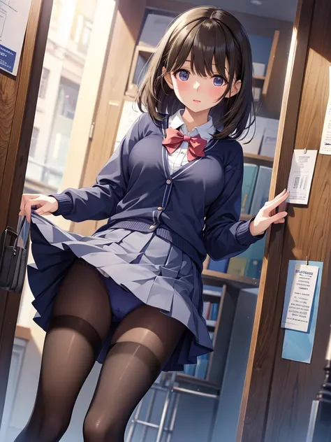 8k , masterpiece,best quality,ultra detailed, Cute girl anime visuals, Beautiful Anime Girls, Smooth anime CG art, Official artwork, Fascinating anime,Under the skirt,girl,high school student,cardigan,Pleated mini skirt,Blue panties,thighhighs,From below,b...