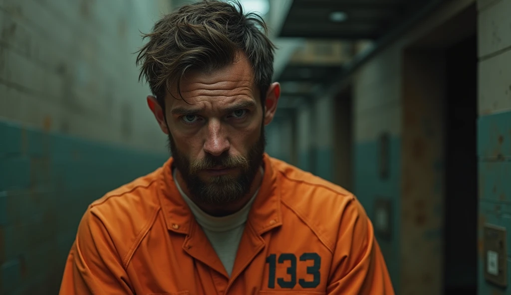 Create the image of a Prisoner with a tired expression and the beat there is wearing the orange Uniform with numbers printed on the chest he has short and messy hair an unshaven beard and his eyes reflect tiredness and resignation