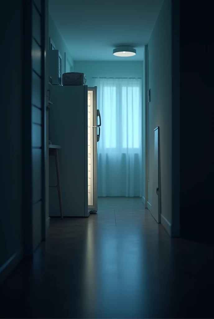 
A refrigerator door is slightly ajar, and the scene is captured from a low angle, as if the camera is looking up from the floor. The soft light from inside the fridge spills out, illuminating the edges of the door and casting a subtle glow on the surround...