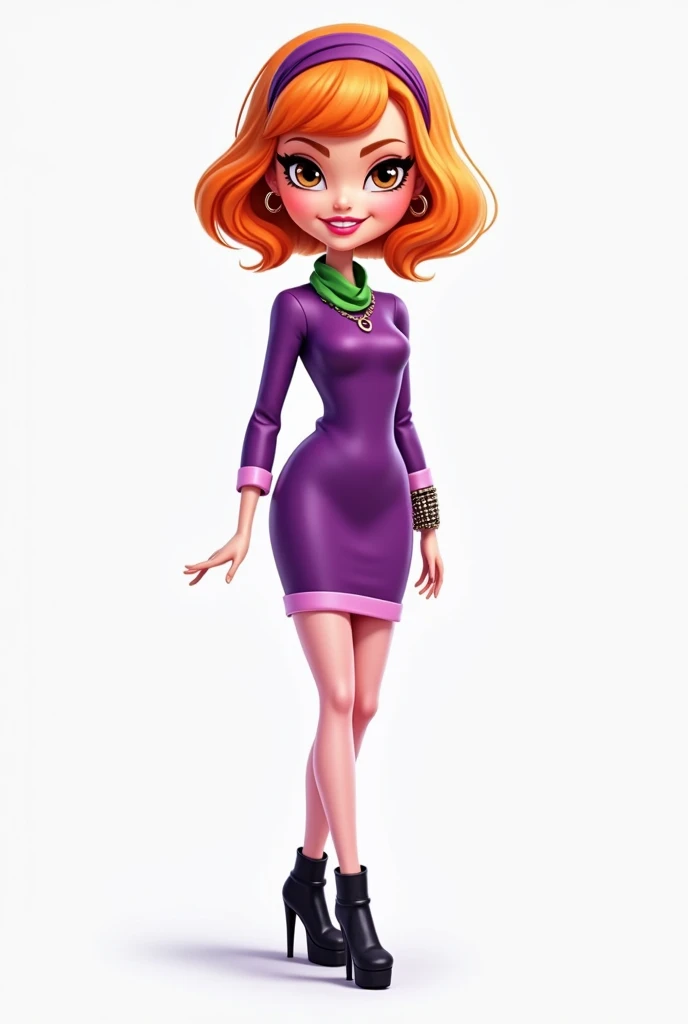 A cartoon image of a barbie  ,short orange hair ,brown eyes ,dressed in a tight purple long-sleeved dress ,pale pink tights , purple headband on head ,black heeled ankle boots ,green neckerchief 