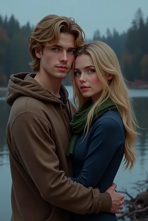  The man is blond, hair a little long, hair parted in the middle and swept back.  and green eyes, he wears a brown coat sweatshirt.  He looks like neels visser.
she has long blonde hair, brown eyes. she wears a navy blue long sleeve dress and a green scarf...