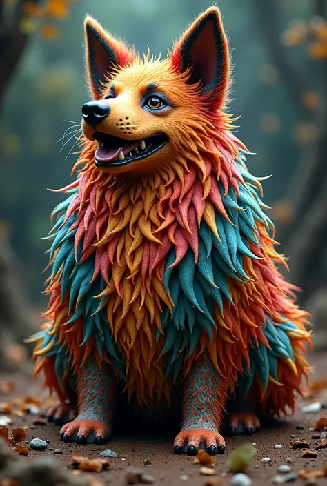 Generates an image of a Mexican alebrije as from mythology, The animal that will be this alebrige is a dog that is a mix between a German shepherd and a Belgian shepherd, chubby and with long hair., the colors are colorful alebrije and based on Mexican myt...