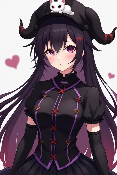 Female anime character with long black hair with deep red highlights, With a black hat with black and purple horns, she has a white kitten on top of the hat with a small black crown. She has a long-sleeved black formal blouse with red buttons and purple li...