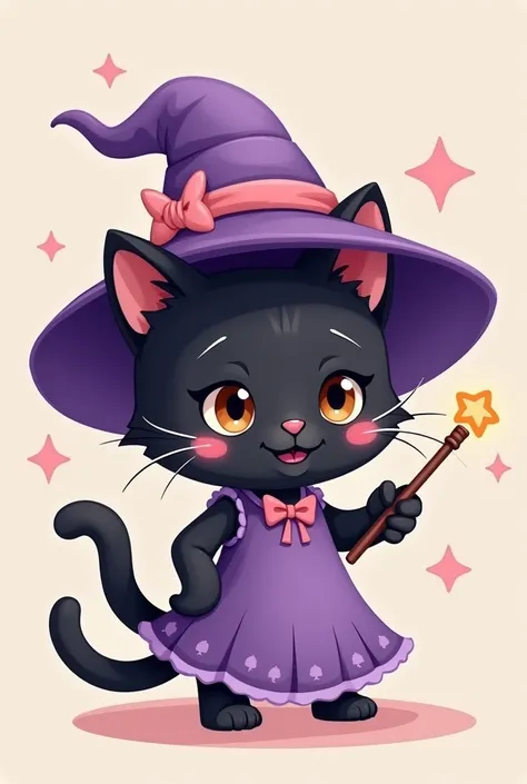 Animal cartoon, cute chibi cartoon, black cat chibi cartoon, hold magic wand, wear cute purple witch dress, sexy witchy dress, very cute, smile cutest