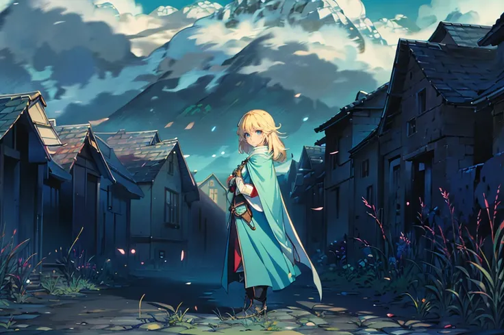 filo, (WithoutFear:1), 1 girl, blonde hair, blue eyes, white coat, light blue jeans, smile, nimble, light blue trident, blue cape, light blue mask, beach, wings, anime, standing, good quality, portrait, looking at viewer