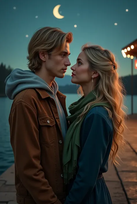  The man is blond, slightly long hair, hair parted in the middle and swept back.  and green eyes, he wears a brown coat sweatshirt.  He looks like neels visser.
she has long blonde hair, brown eyes. she wears a navy blue long sleeve dress and a green scarf...