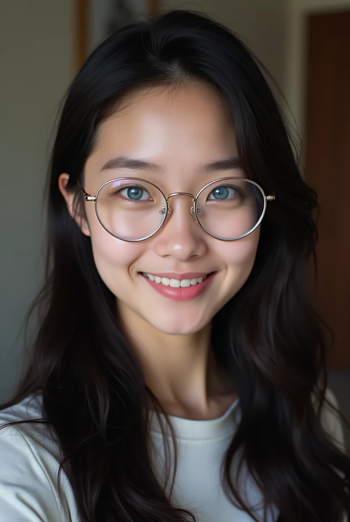 belle fille, brune, yeux bleu, lunette ronde, selfie amateur, bonne qualité, asiatique, portrait 