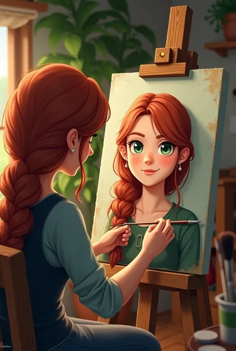 A portrait of Leah from Stardew Valley painting a portrait of me while looking at me lovingly 