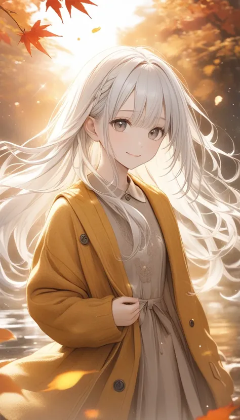 One,Cute  girl,Young face、Slim figure、Thin legs、８Head to Body、((White hair colour、Inner color hairstyle、Straight hair type、Neat hairstyle)), （((Stylish autumn clothes)))、Beautiful Hair, Facial Contour, Remember、illumination、Splash, Lens Flare,Natural Color...