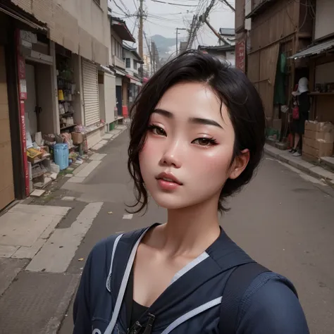 there is a korean woman that is standing in the street with a backpack, 8k selfie photograph, young adorable korean face, korean...