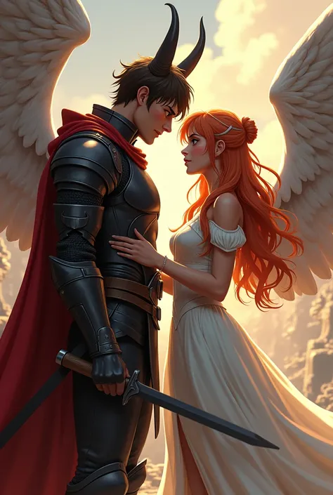 (adventure time animation) tall brown haired, pushed back hairstyle, male warrior, in black armor, with black demon horns, holding hands with, a female strawberry blonde warrior, in a white dress, with angel wings on her back