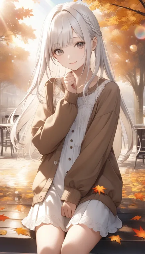 One,Cute  girl,Young face、Slim figure、Thin legs、８Head to Body、((White hair colour、Inner color hairstyle、Straight hair type、Neat hairstyle)), （((Stylish autumn clothes)))、Beautiful Hair, Facial Contour, Remember、illumination、Splash, Lens Flare,Natural Color...