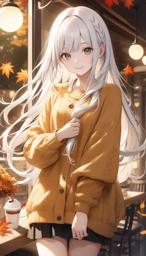 One,Cute  girl,Young face、Slim figure、Thin legs、８Head to Body、((White hair colour、Inner color hairstyle、Straight hair type、Neat hairstyle)), （((Stylish autumn clothes)))、Beautiful Hair, Facial Contour, Remember、illumination、Splash, Lens Flare,Natural Color...