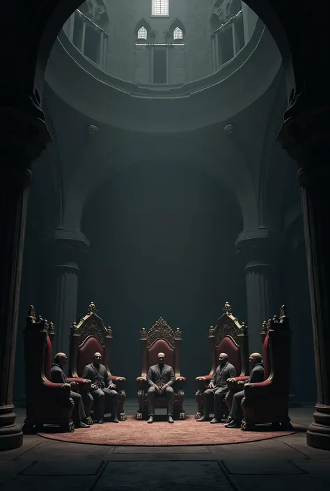 I wanted a dark room as if it were a council, has 5 chairs on a kind of throne, these chairs are arranged in a half moon, the place is a kind of castle, and these chairs are inside the castle 