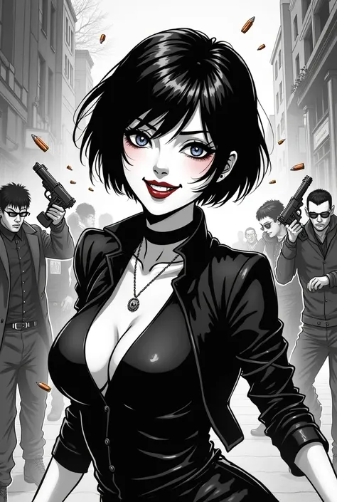 Adult comic black and white beautiful vampire girl short black hair indestructible laughing with fangs advances while some gangsters shoot many bullets at her that hit her impenetrable steel flesh .You can see the impacts of the bullets bouncing off