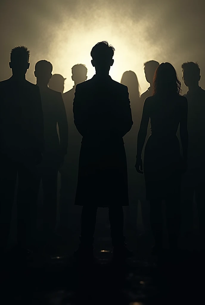 A group of people where one person stands out only in silhouette
