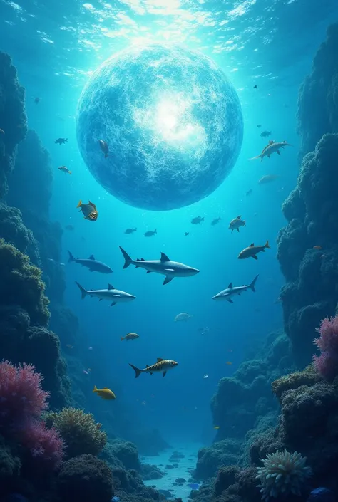 landscape of an ocean with many colorful fishs and sharks around it,in the middle there is a forming worlds ANGGI seen above 