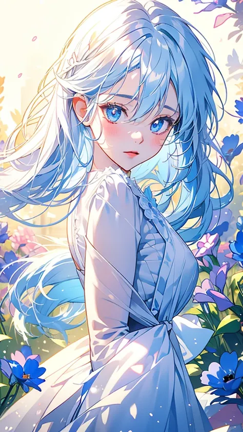 Anime girl with white hair and blue eyes in a white dress, Soft anime illustration, Beautiful anime portraits, Anime girl with blue hair, White Anime Barbie, Digital Art on Pixiv, Ethereal Anime, Gwaiz, Beautiful anime art, Beautiful Anime Girls, Beautiful...