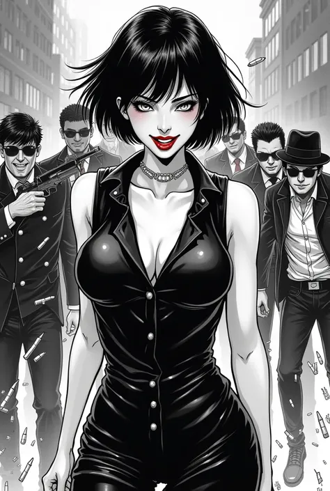 Adult comic black and white beautiful vampire girl short black hair indestructible laughing with fangs advances while some gangsters shoot many bullets at her that hit her impenetrable steel flesh .You can see the impacts of the bullets bouncing off