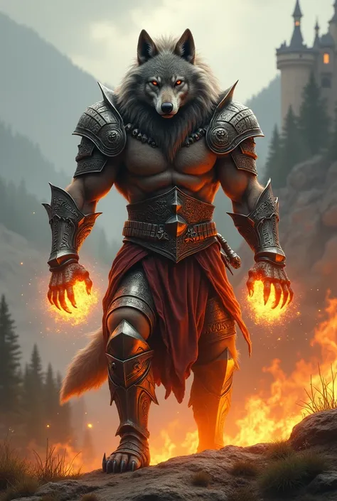 a werewolf in light armor, in a medieval theme, with fire powers