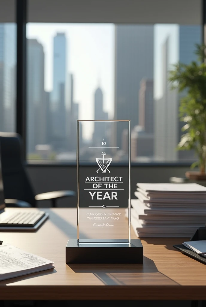 Create a realistic architecture award with the name " Clark OBrien McMillan Architect of the year " on top of an office desk in New York 