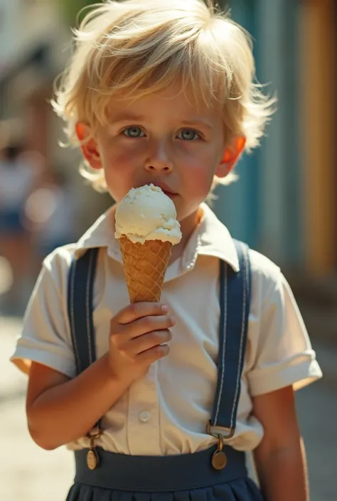 Little skinny schoolboy with short blond hair in a very short school skirt sucks ice-cream 