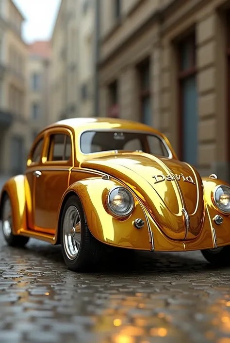 A gold Beetle car with silver tires and the name DAVID written on it.