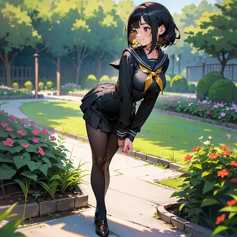 (Best Quality, High resolution, Super detailed, Realistic:1.37), Peaceful atmosphere, (Outdoor, garden), Teenage girl standing alone,(My breasts are large.),Beautifully detailed features, Cute Smile, ((Black bob hair)),Long sleeve sailor suit, Pleated skir...