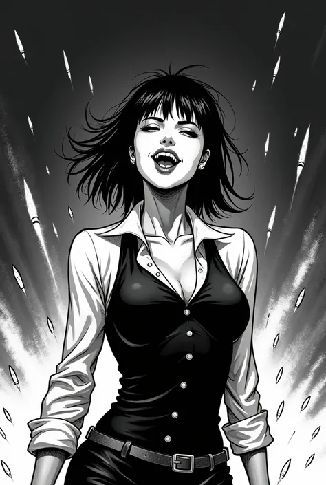 Adult comic black and white beautiful vampire girl short black hair indestructible laughing with fangs advances while some gangsters shoot many bullets at her that hit her impenetrable steel flesh .You can see the bullet impacts bouncing off like laser bea...