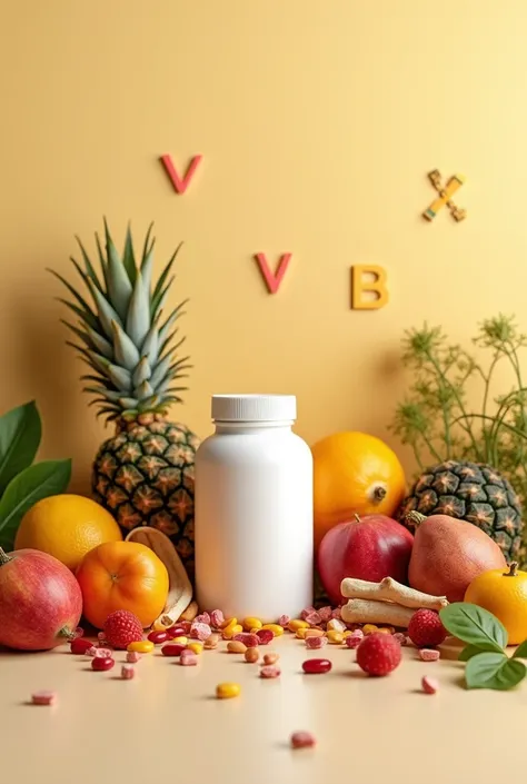 A bottle of supplements next to fruit, legumes, and icons representing vitamins