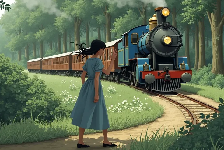 A blue steam train is moving on tracks in a forest with many green trees and a girl is saying goodbye to her lover