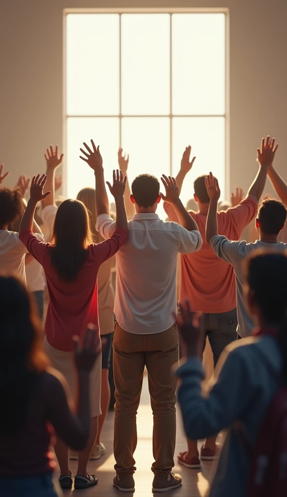 Several people in a service wearing modern clothing praising God with faith 