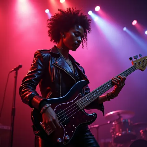 Black woman with short curly hair with a round nose with freckles playing the bass instrument on a stage with lights and colored smoke with a leather Pank style outfit 