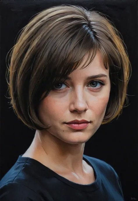 an art project, a classic and colorful oil painting of agentsMulder, short hair, bob cut, fine art with a black background, portrait, masterpiece,