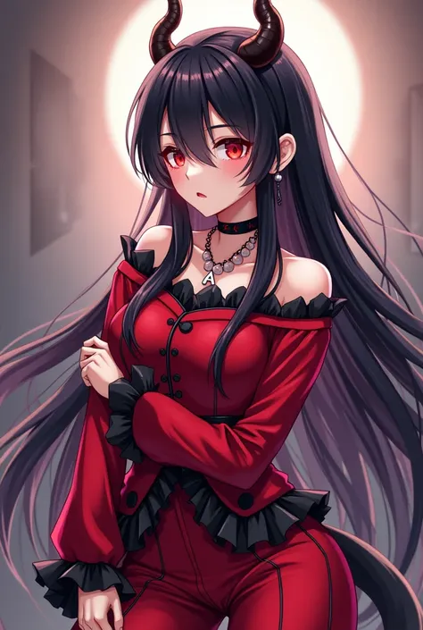 Female anime character with long black hair, red streaks, and thin black horns, a long-sleeved red blouse and red pants with black ruffles at the waist and with black bracelets and a necklace with the initial A. She also has a small white microphone hangin...