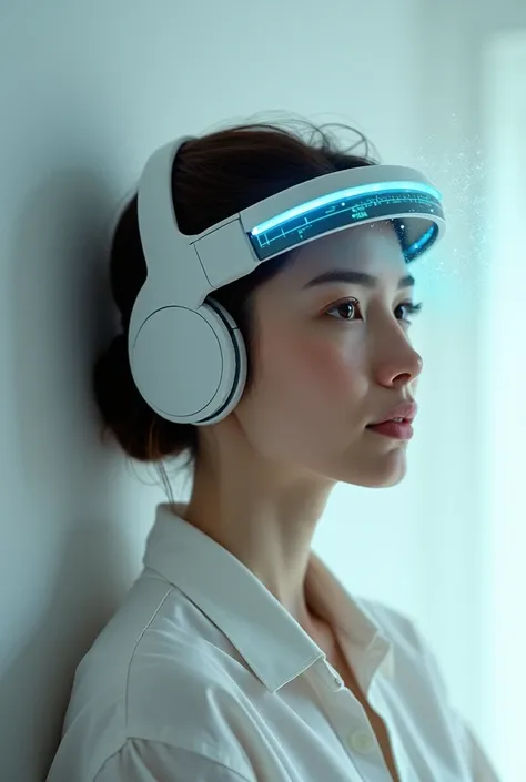 Woman wearing a headband with a screen reflecting her emotions