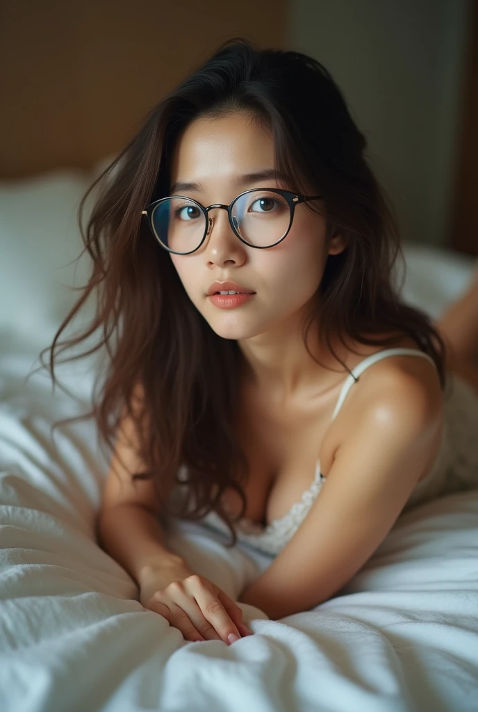 Belle fille, brun, yeux bleus, lunette ronde, bonne qualité, Asiatique, 20ans, sexy, nue, corps entier, allongé, lit 
