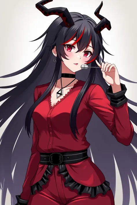 Female anime character with long black hair, red streaks, and thin black horns, a long-sleeved red blouse and red pants with black ruffles at the waist and with black bracelets and a necklace with the initial A. She also has a small white microphone hangin...