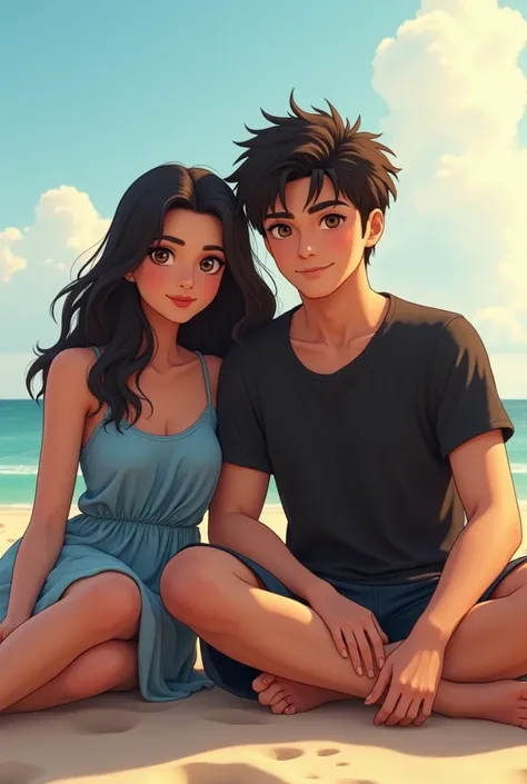 couple, both dark haired. He has beautiful hair. She wears a blue dress below the knees. He wears a black t-shirt. They are sitting on the sand on the beach. photo realistic. I want you to be able to see their faces. They are young