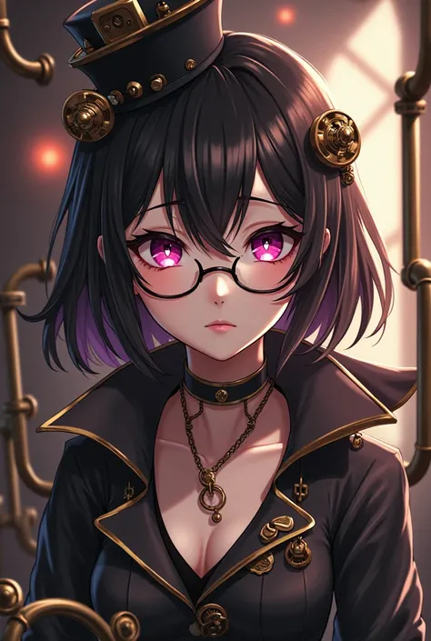 A young woman with dark brown hair and pinkish purple eyes, with small glasses. His eyes are small and sharp like a snake&#39;s. Steampunk style in anime