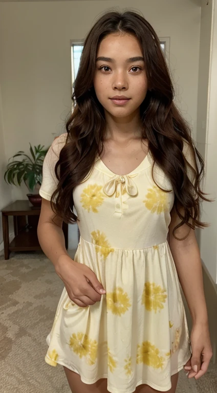 2teenage girl, mongoloid, asian, dark_skin, red hair, random hair styles, beautiful girl in nature,portraits,girl wearing yellow tie dye dress and sneakers, is standing in a living room  wall, her facial expression is very elegant Her facial expression was...