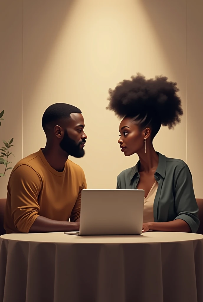 With sitting at a dinning table Generate an image of a  black man with low hair and a  black lady with slick Afro hair talking whiles looking at a laptop infront of them